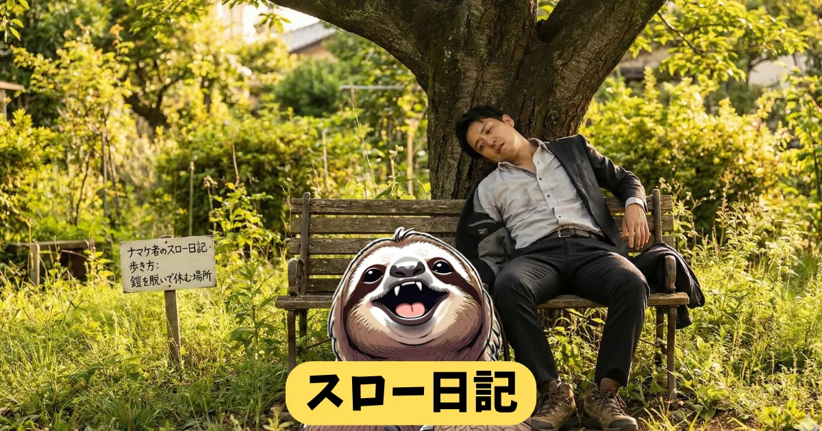 【記事アイキャッチ】仕事に疲れた社会人が鎧(スーツ)を脱いで休む場所:木漏れ日の下、ベンチで深く眠るビジネスマンと、それを見守るナマケ者。「ナマケ者のスロー日記・歩き方」のブログタイトルが入った癒やしの画像