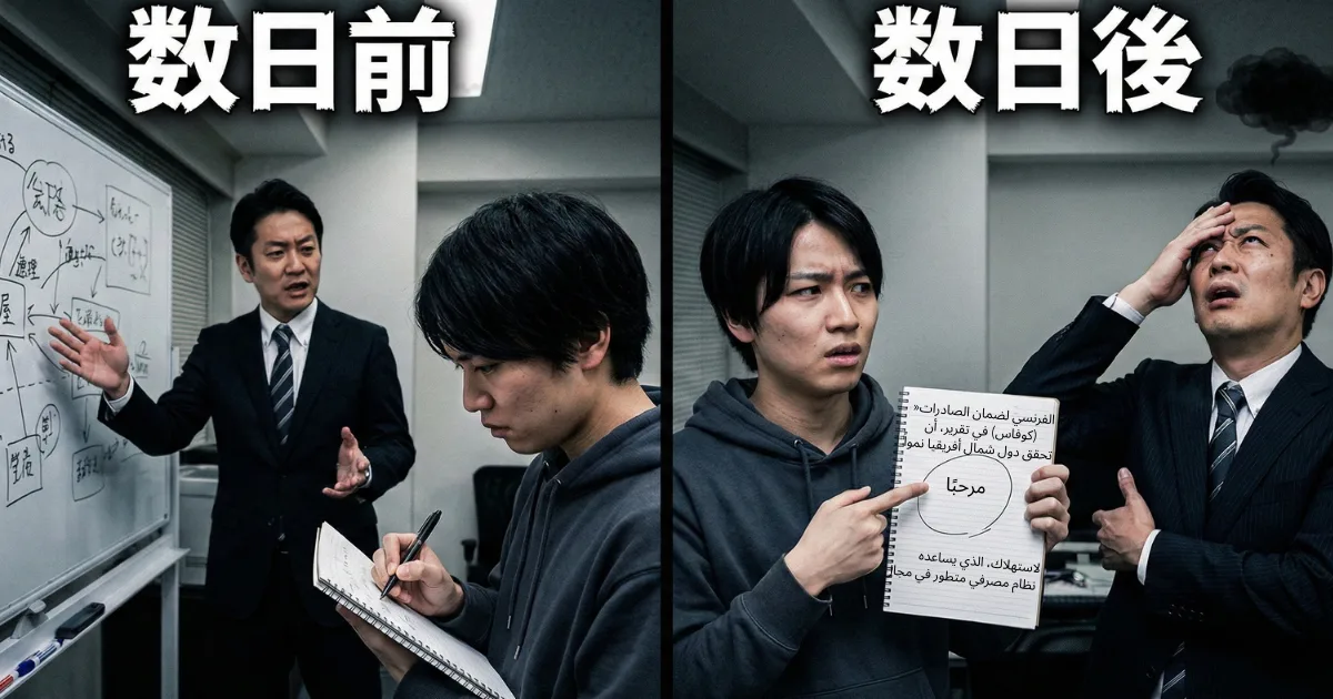 「数日前」と「数日後」の比較イラスト。左側はスーツ姿の上司がホワイトボード前で熱弁し、部下がメモを取っている。右側はパーカー姿になった部下がノートに描いたメモ(暗号)を指差し、上司が頭を抱えて困り果てている