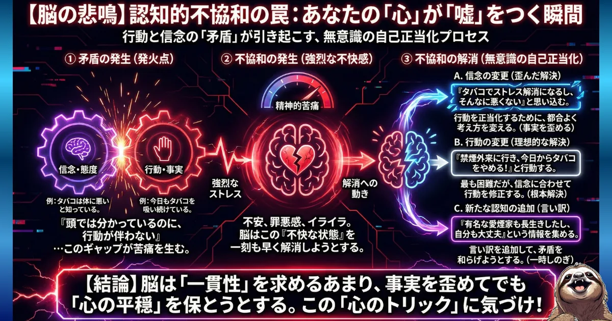 「【脳の悲鳴】認知的不協和の罠:あなたの『心』が『嘘』をつく瞬間」の図解。左から①信念と行動の矛盾の発生(頭では分かっているのに)、②不協和の発生(割れたハートと強烈なストレス)、③不協和の解消(事実を歪める・言い訳をするなどの無意識の自己正当化)のプロセスが描かれている。下部に「事実を歪めてでも心の平穏を保とうとする『心のトリック』に気づけ!」と結論づけられている