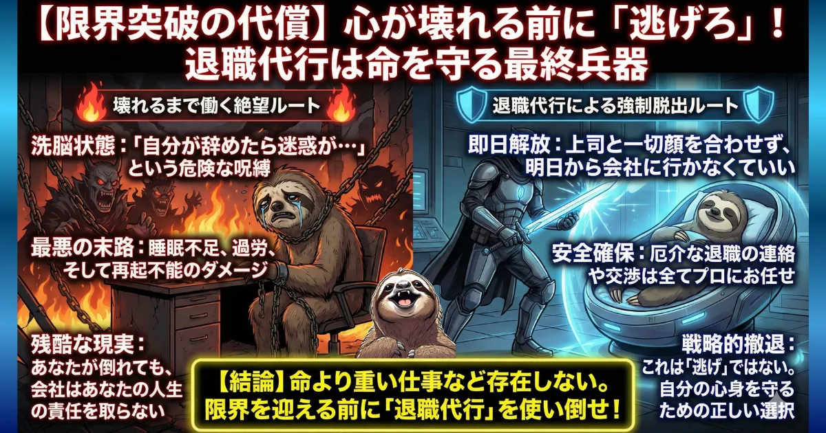【図解】退職代行は命を守る「戦略的撤退」:自分が辞めたら迷惑がかかると洗脳状態で限界まで働き続ける絶望ルート(左)から、退職代行というプロの力を使って上司と顔を合わせず即日解放される強制脱出ルート(右)への変化。退職は逃げではなく、心身を守る正しい選択であることを説くイラスト