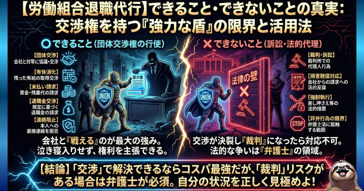 【図解】労働組合の退職代行「できること・できないこと」:有休消化や残業代請求など会社と対等に戦える「団体交渉権(左)」の強みと、万が一交渉が決裂して裁判や損害賠償請求に発展した場合は対応できない「法的代理の限界(右)」を比較。コスパとリスクを天秤にかけ、弁護士と使い分ける基準を示すイラスト