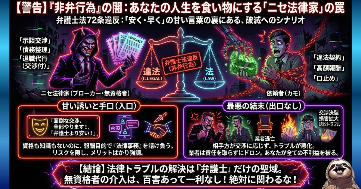 【図解】退職代行における「非弁行為」の闇とリスク:「弁護士より安い」「交渉もする」という甘い言葉で依頼者を騙す無資格業者(ニセ法律家)の実態と、トラブル発生時に業者が逃亡して依頼者が全ての不利益(損害賠償・訴訟)を被る破滅のシナリオを警告するイラスト