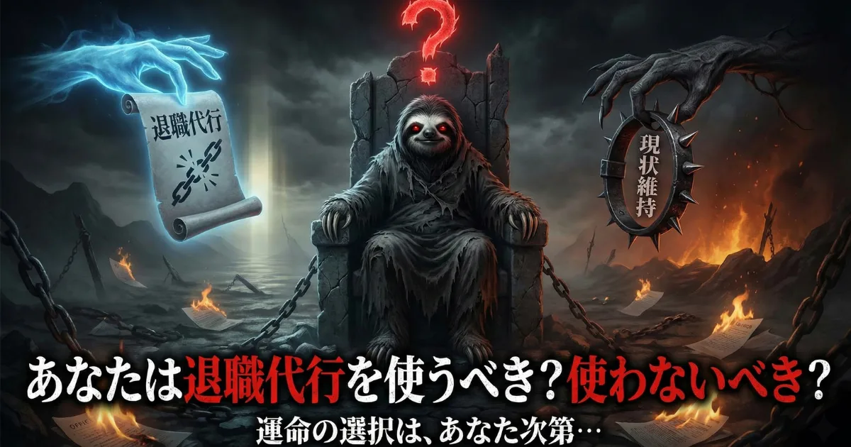 【図解】あなたは退職代行を使うべきか?:光の手から差し出される鎖を断ち切る「退職代行(左)」と、闇の手から差し出される地獄の苦しみが続く「現状維持(右)」の究極の二択に迫られる姿を描いたイラスト。ブラック企業で疲弊する社会人に運命の選択を問いかける画像