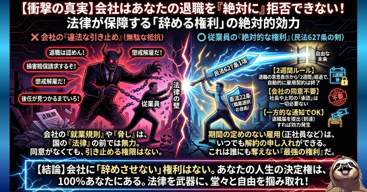 【図解】会社はあなたの退職を絶対に拒否できない:悪魔のような上司による「損害賠償」や「懲戒解雇」といった違法な引き止めの脅し(左)は法律の前では無力であり、従業員は「民法627条(退職の自由)」という最強の剣を武器に、会社の同意なしで確実に辞める権利があること(右)を証明したイラスト