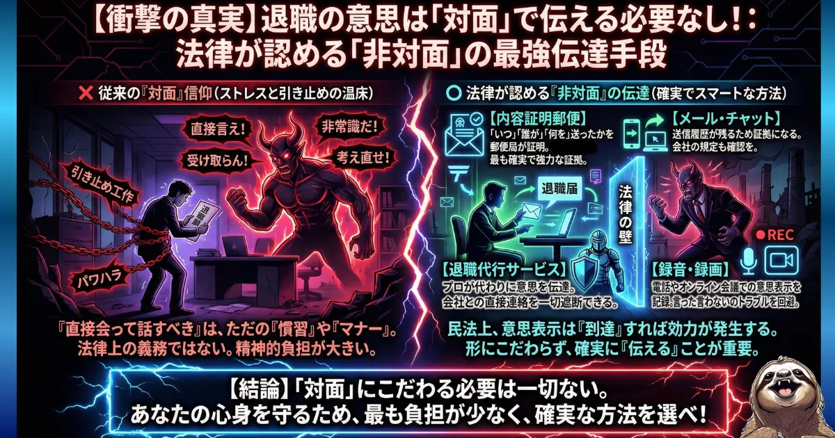 【図解】退職の意思表示は「対面」である必要なし:直接会って話すことでパワハラや違法な引き止めに遭うリスク(左)と、内容証明郵便やメール、退職代行サービスなど、法律で認められた安全確実な「非対面」の伝達手段(右)を比較。対面信仰を捨て、心身を守る方法を選ぶよう促すイラスト