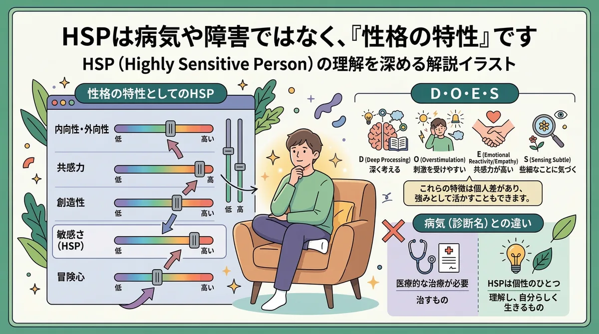 【図解】HSPは病気や障害ではなく「性格の特性」であることを解説したイラスト:内向性や創造性と同じように「敏感さ(HSP)」も個性のパラメーターの一つであること(左)や、HSPの4つの特徴であるDOES(右上)、そして治療が必要な病気とは異なり「理解して自分らしく生きるもの」であること(右下)を視覚的に説明する画像