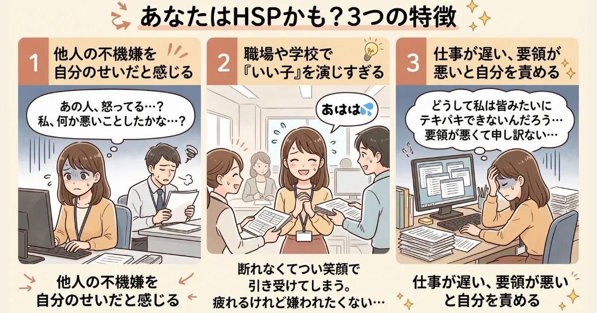 【図解】あなたはHSPかも?職場で疲れやすい人の3つの特徴:他人の不機嫌を自分のせいだと感じる(左)、嫌われたくなくて「いい子」を演じ仕事を断れない(中央)、仕事が遅い・要領が悪いと自己嫌悪に陥る(右)といった、人間関係に疲弊するHSPによくある悩みを表現したイラスト