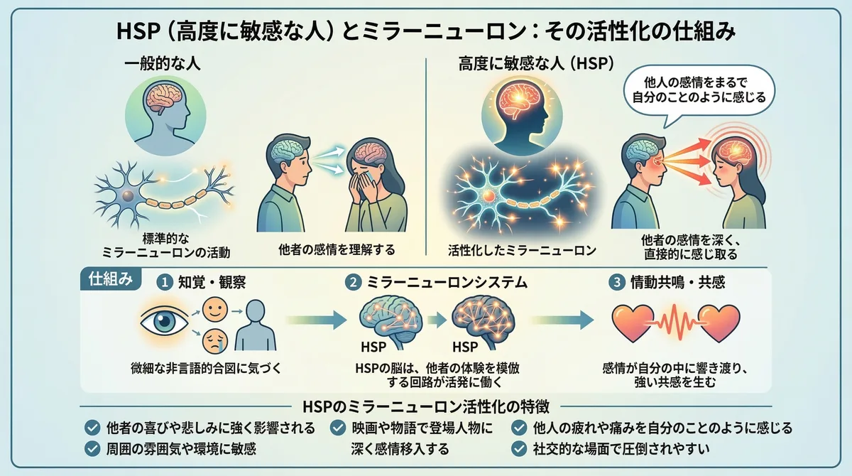 【図解】HSPが人間関係に疲れる原因「ミラーニューロン」の仕組み:HSP(高度に敏感な人)は一般的な人と比較して共感に関わる脳神経(ミラーニューロン)が活性化しやすく、他人の感情や痛みをまるで自分のことのように感じ取ってしまう脳のメカニズムを解説したイラスト