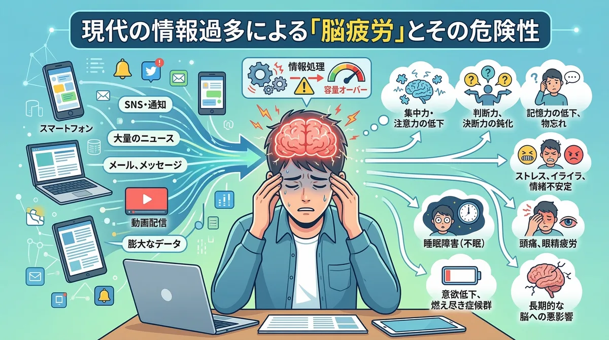 【図解】HSPが疲れやすい原因「情報過多による脳疲労」のメカニズム:スマホやSNSからの大量の情報を深く処理してしまう繊細さんは、脳がすぐに容量オーバーとなり、集中力低下や睡眠障害、燃え尽き症候群などの深刻な症状を引き起こす危険性があることを解説したイラスト