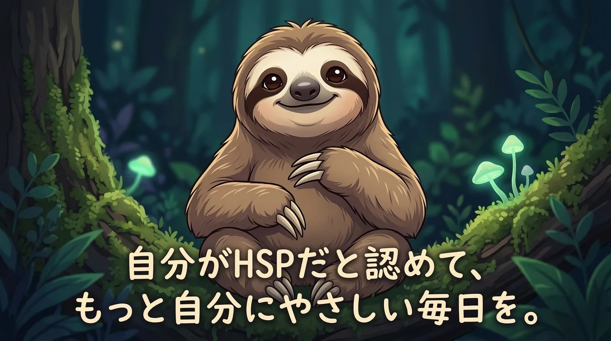 「自分がHSPだと認めて、もっと自分にやさしい毎日を。」というメッセージが書かれたイラスト:仕事や人間関係で気疲れしやすい繊細さんが、自身の気質を理解し、無理をせず自分を大切にする生き方(自己受容)へシフトすることを優しく応援する、森のナマケモノの画像