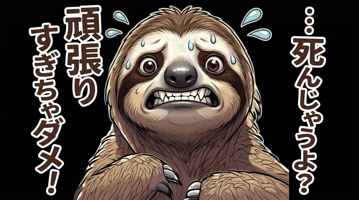 汗をかいて必死な表情のナマケモノが「…死んじゃうよ?頑張りすぎちゃダメ!」と訴えかけるイラスト。「仕事辞めたい」と限界を感じている読者に対し、心が壊れる前に自分を大切にして休むよう促す、隠れ過労への警告メッセージを表現しています。